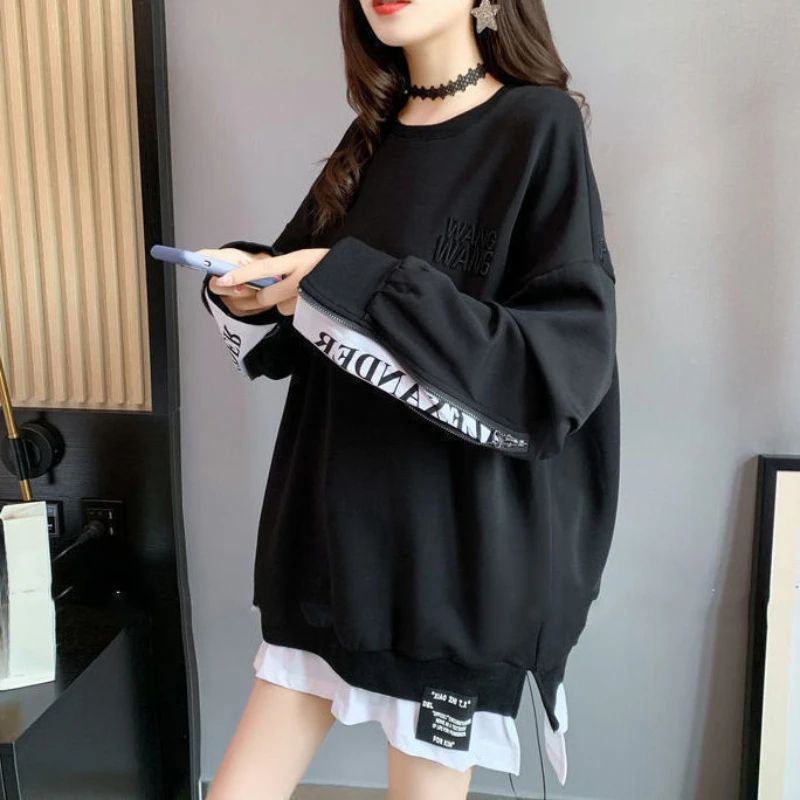 Pullovers Baggy Woman Clothing Grey Black Letter Printing Women\'s Sweatshirt Text Loose Aesthetic Autumn and Winter Top M Emo E