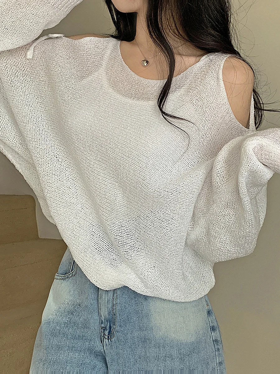 Summer Women's Knitted Top Shoulder Bared Long Sleeve Loose Air Conditioning Outerwear Lazy See through Thin Gauge Knitwear