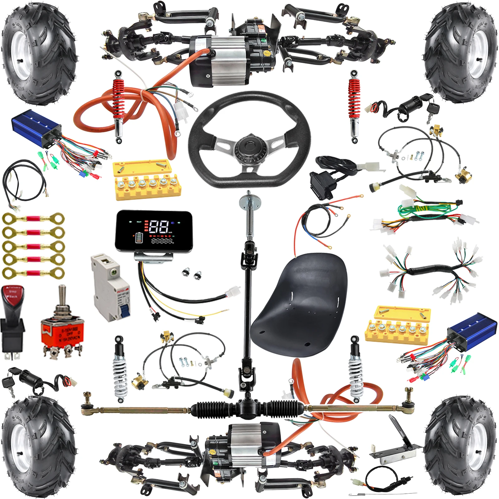 Electric Go Karts Part 72V 1500W Differential Motor 4 Wheel Drive Go Cart UTV for Atv Riding Go Kart Racing,2 Front Axles