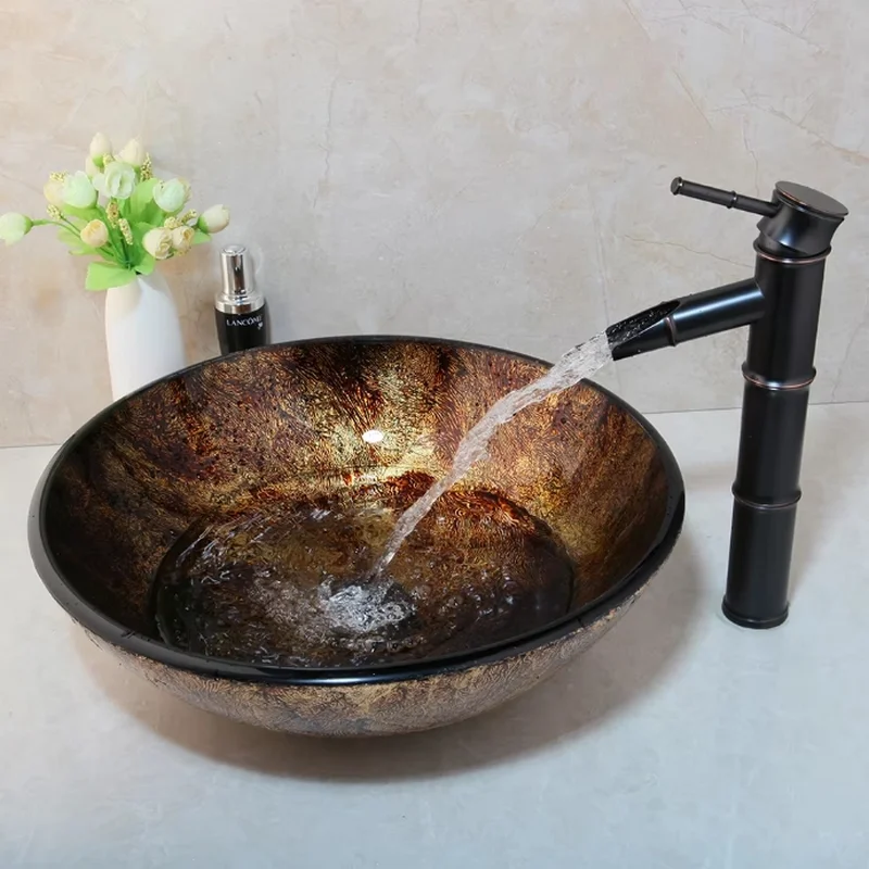 

CX275KM Bathroom WashBasin Round Tempered Glass Vessel Sink Faucet Set Bathroom Glass Basin Faucets Combo Waterfall Mixer Tap