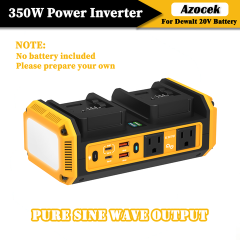 Azocek 350W Pure Sine Wave Dual-Battery Power Inverter for Dewalt 20V, DC 20V to AC 120V, 7A Fast Charger & 6 Ports & 600LM LED