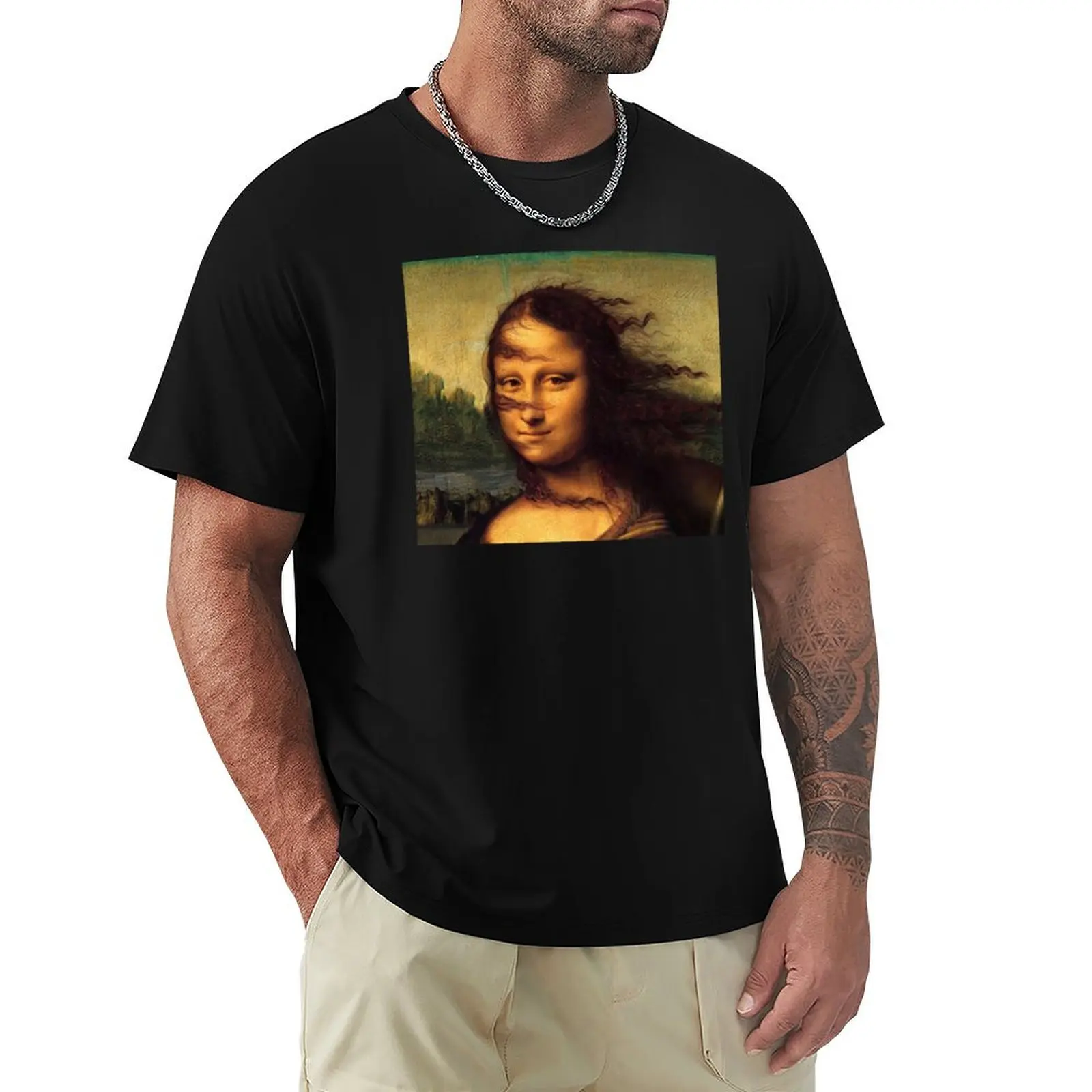 Funny Mona Lisa wind in hair T-Shirt vintage graphic tee oversized graphic tee mens designer clothes