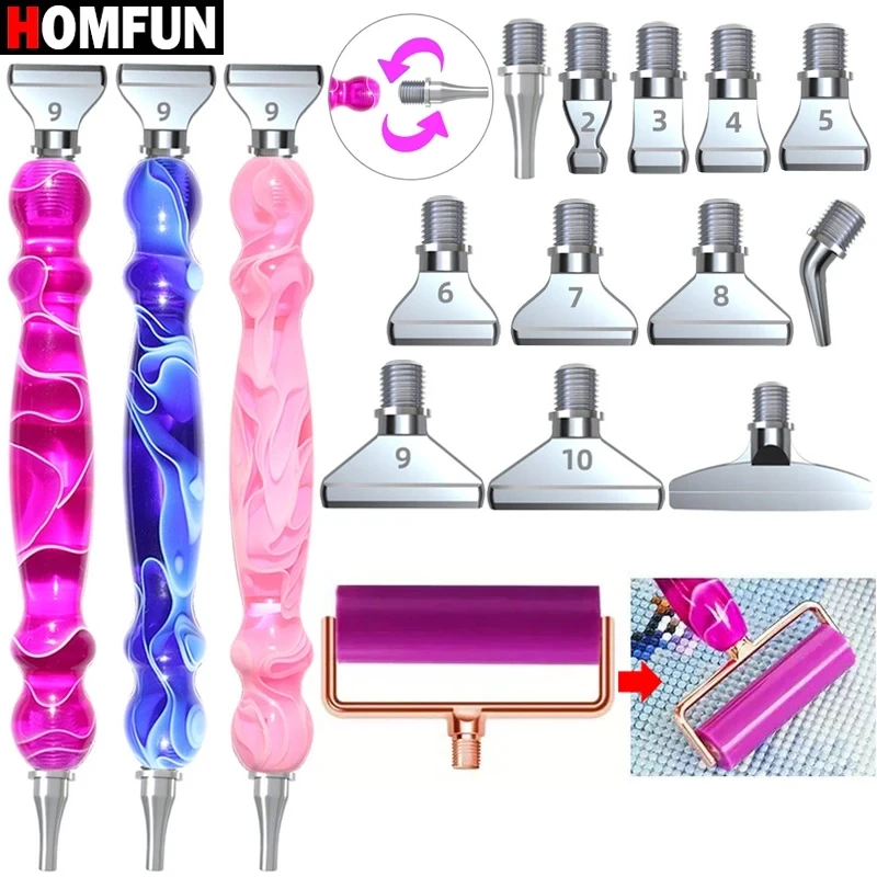 HOMFUN（14pcs） Gourd Pen Shaped + 12pcs Silvery Diamond Bits + 1pcs Roller + 1pcs Pen Threaded Diamond Painting Dotting Tool Set