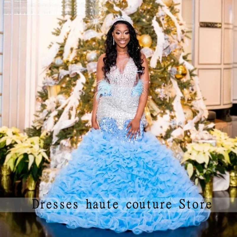 

Customized Glitter Sky Blue Ruffles Mermaid Prom Dress 2026 Black Girls Diamond Crystal Beaded Birthday Party Gown