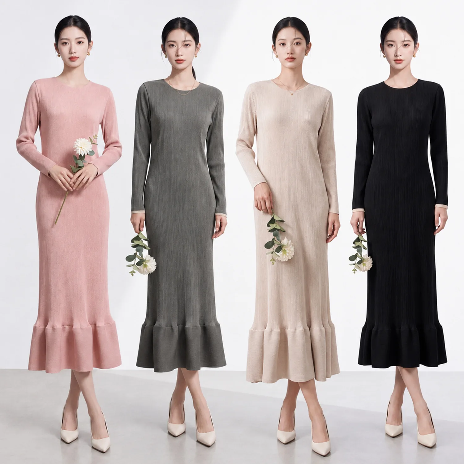 Miyake Style Autumn Women's Pleated Fishtail Dress Women's Round Neck Long Sleeve Slim High Elastic Long Solid Color Midi Skirt
