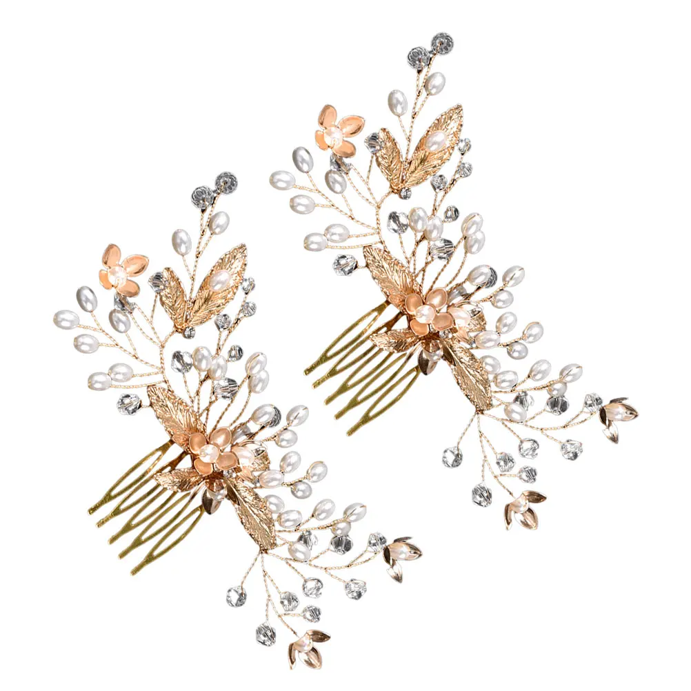 

2pcs Bridal Wedding Comb Crystal Rhinestone Pearl Accessories Bride Hair Piece Decorative Hair Clips Women Styling Pins Vintage