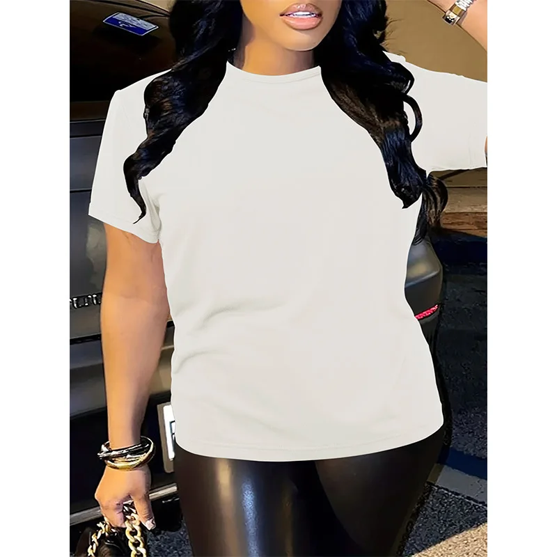 Loose Breathable ort Sve T-irt Women's Cross-Border Pure Color Pullover plus Size Trendy Clothing round Ne Polyester