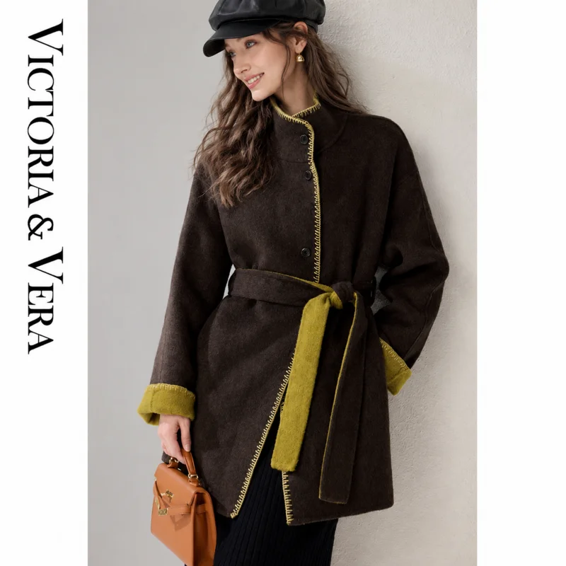 Women's Stand Collar Belted Mid Length Coat, Contrast Lining & Contrast Stitch Loose Winter Overcoat