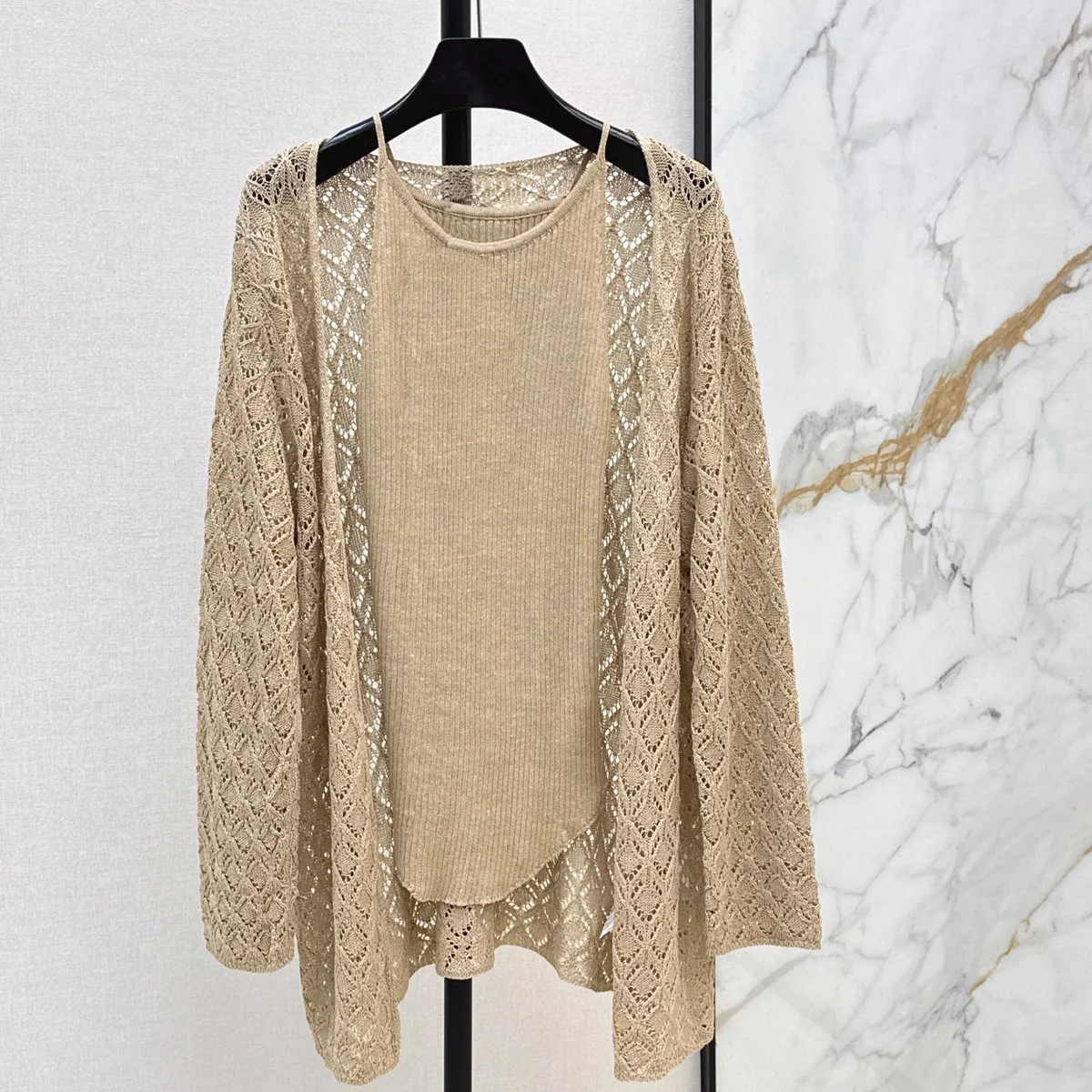 High Quality Women 2 Piece Outfits Hollow Knit Cardigan + Ribbed Cami Tank Top Open Front Sweater Set lyt26723121