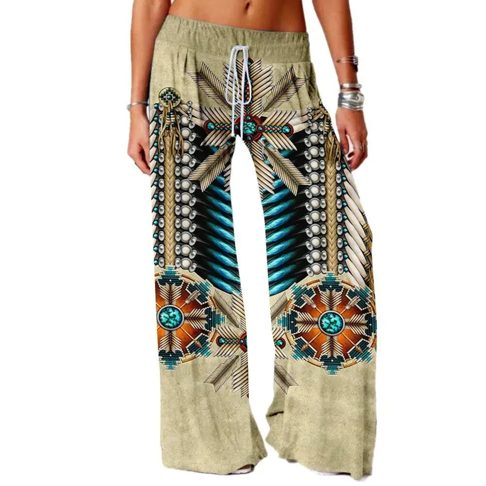 Medieval vintage tribal Indian floral pattern women\'s loose slacks wide leg large size yoga pants