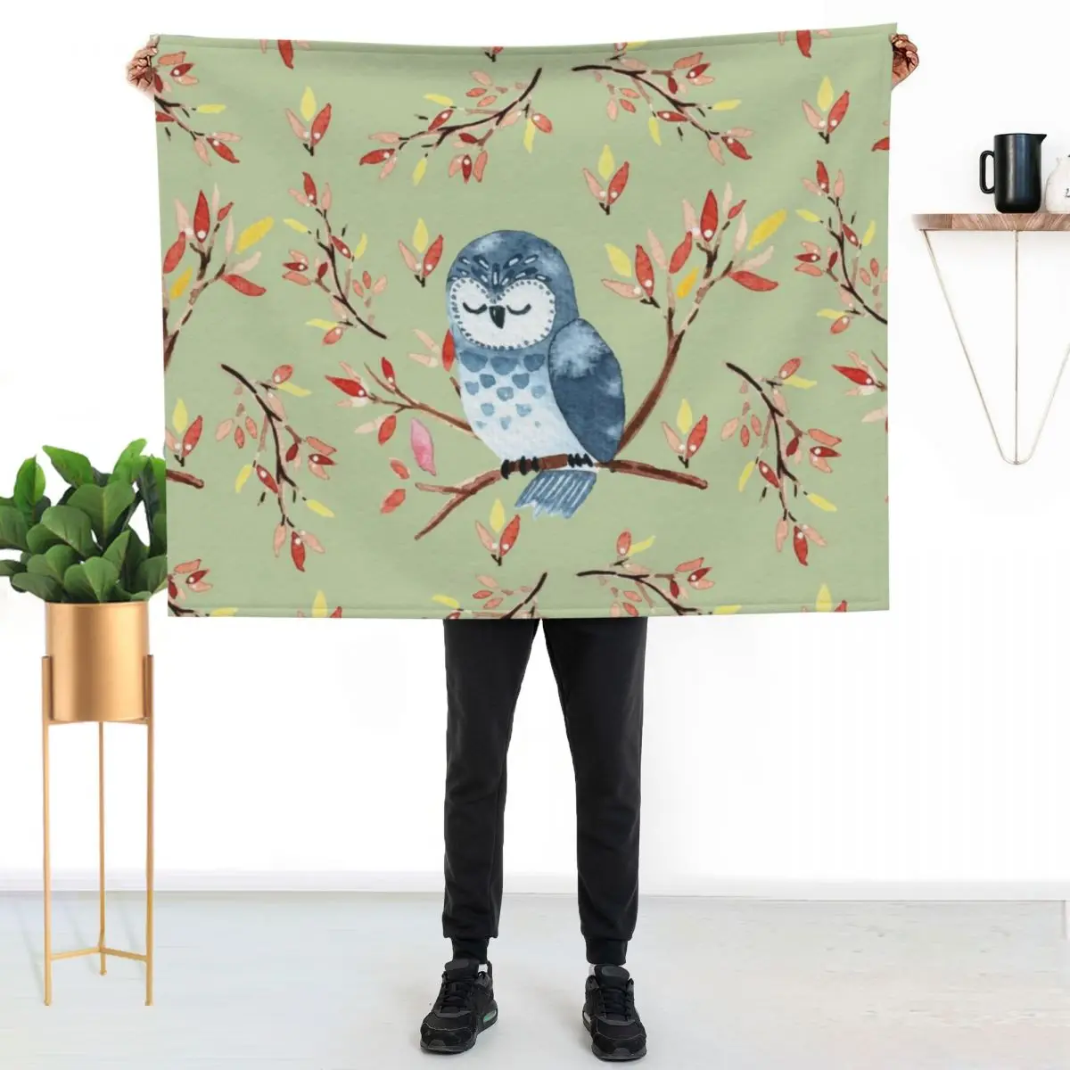 Cute watercolor owl and autumn leaves, green background Throw Blanket Decorative Sofas Baby Plush Blankets