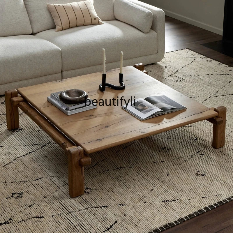 Chinese Ancient Style Solid Wood Tea Table Retro Misty Style Living Room Square Tea Table Square Log Tea Table B & B