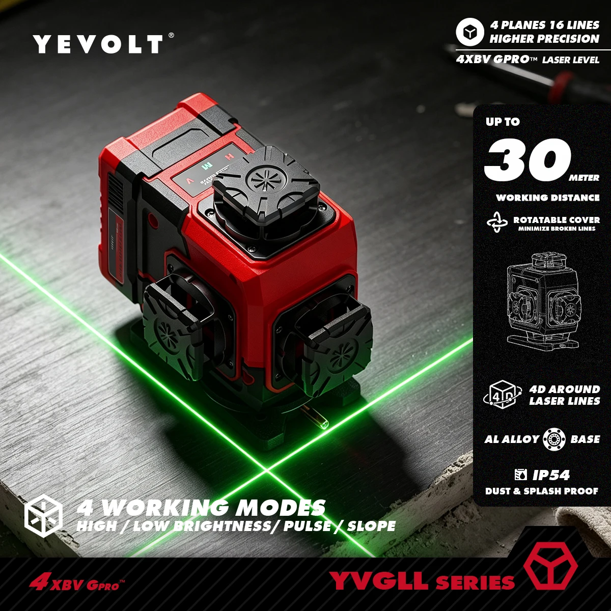 YEVOLT 16 Line Green 4D Self Alignment Cross Laser Tool for Household DIY Door Casing Flooring Layout Wall Decor Setup Work