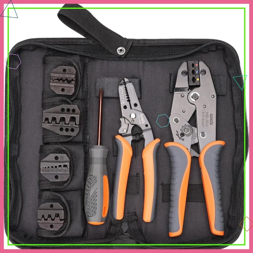 

Professional Ratchet Wire Crimper Set with 5 Interchangeable Jaws and Stripper for Terminals AWG20-2