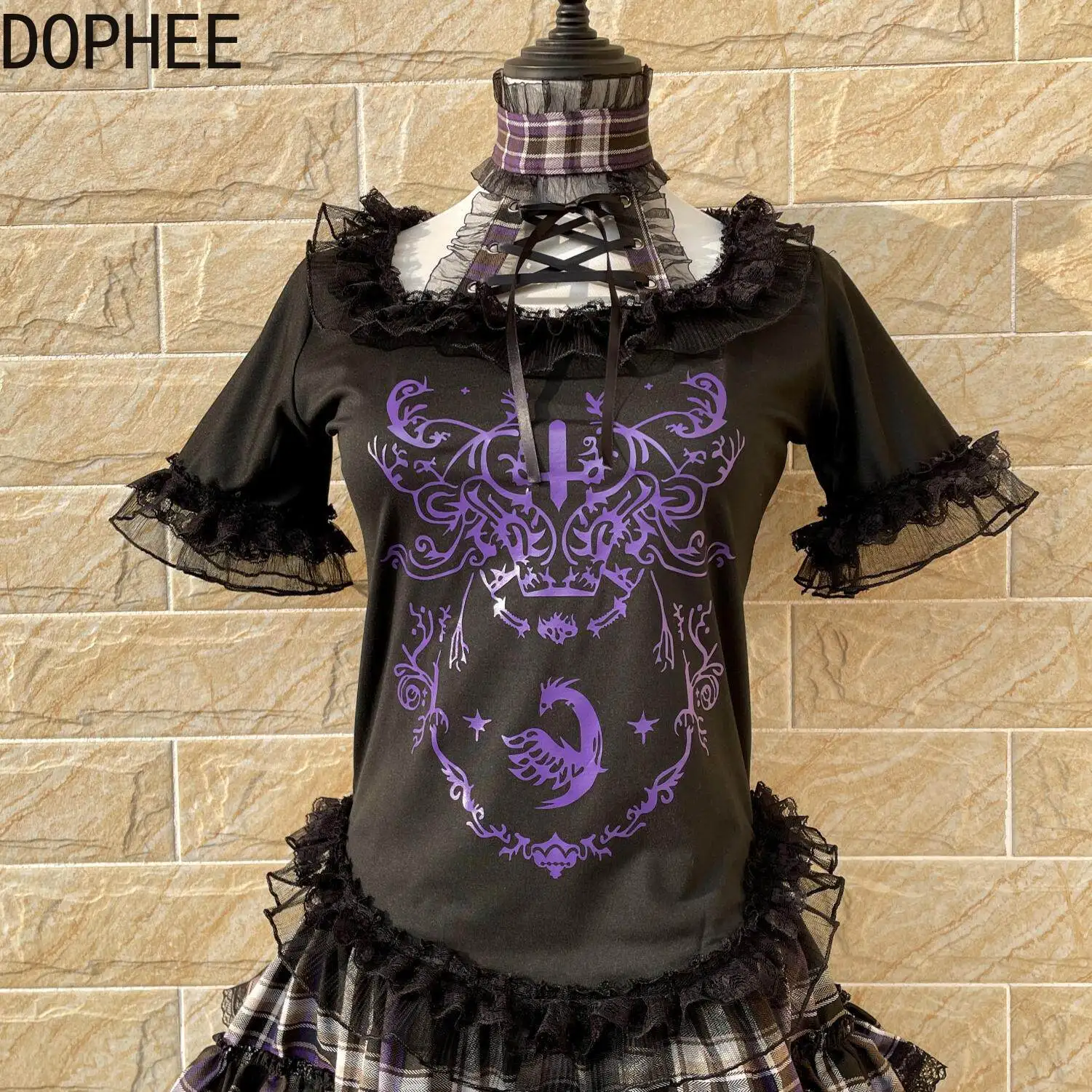 Original Subcultural Dark Gothic Purple Printed Short Sleeve T-shirt Elegant Black High Collar Pullover Top Y2k Sweet Girls Tees