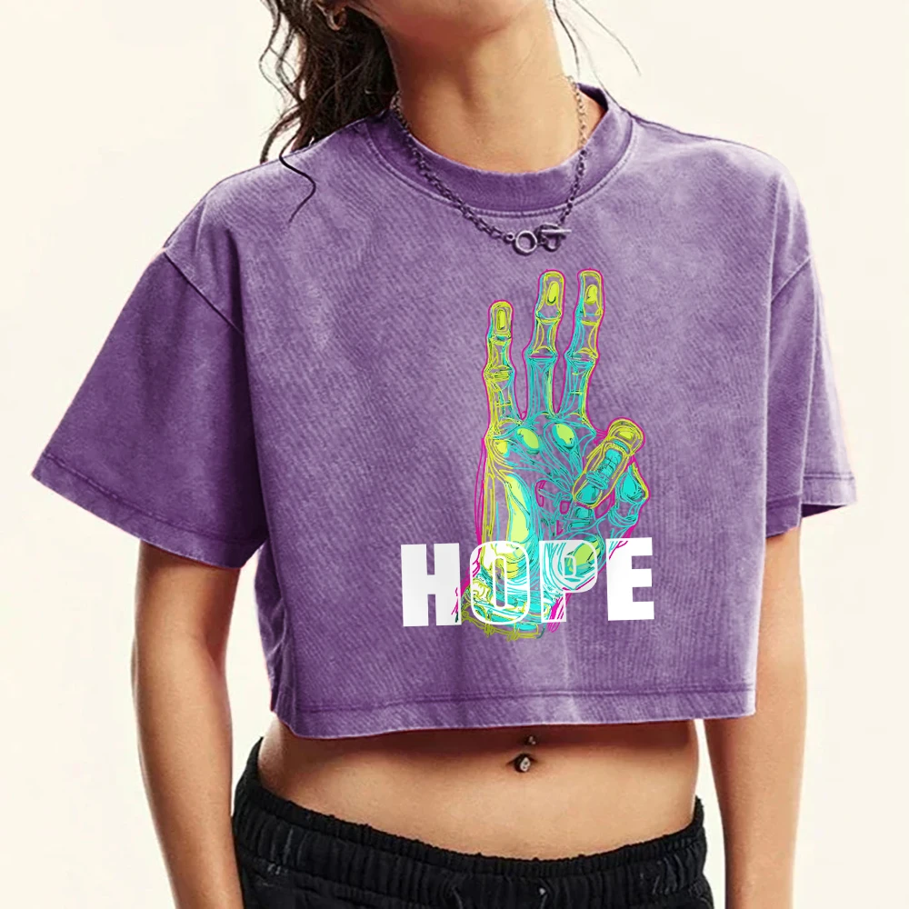 Hope Agree Gesture Prints Washed Crop T Shirt Women Fashion Fitness Tops Retro Cotton Short Sleeve Soft Tshirt For Female