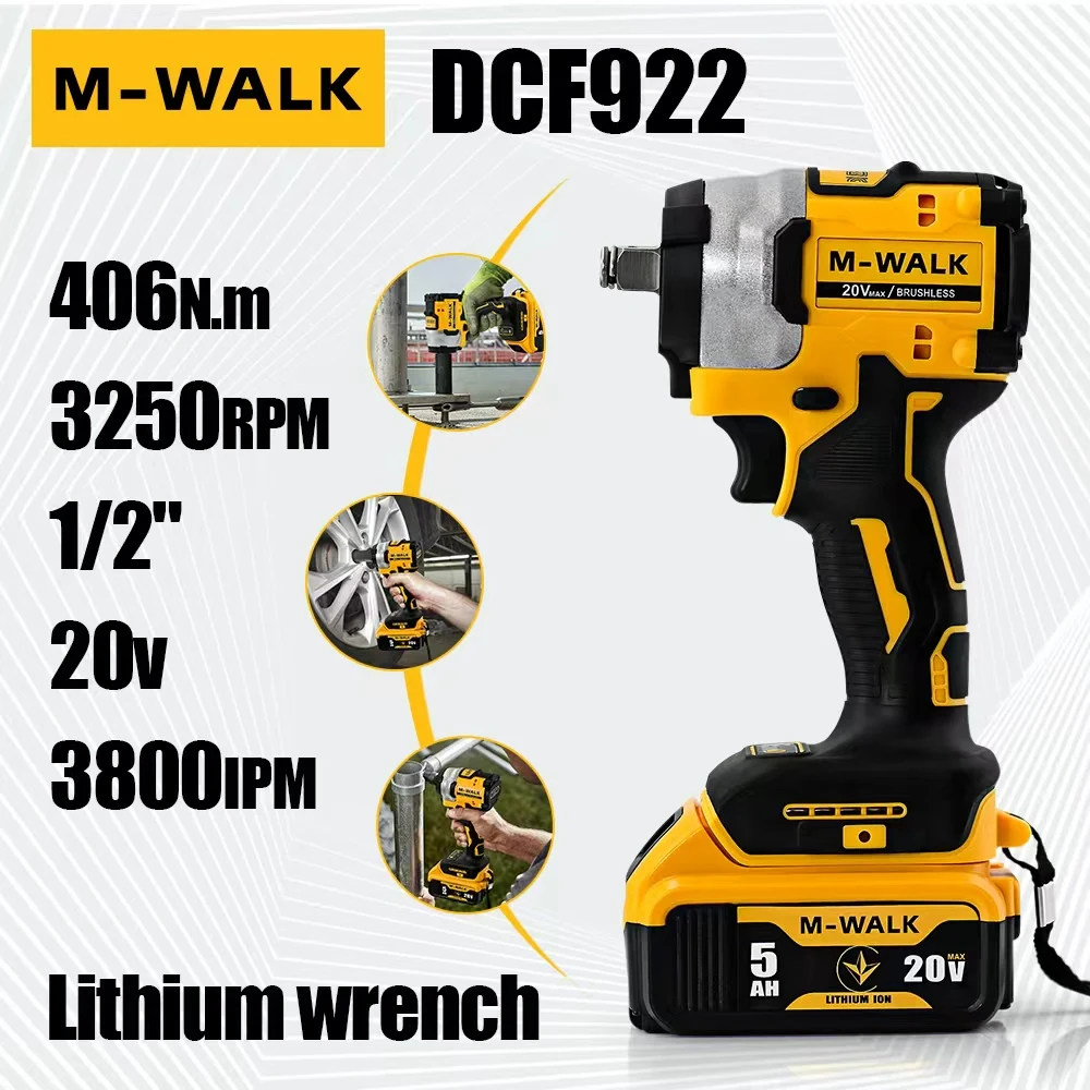 M-WALK DCF922 20V 1/2 in. Cordless Impact Wrench 406N.m Variable Speed Electric Wrench Bare Tool For 18/20V Battery