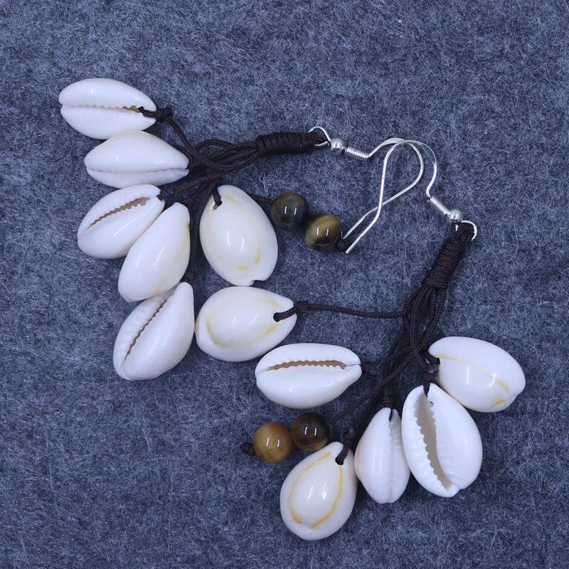 Many Shell Tiger Eye Beads Handmade Dangle Hook Earring 2.2 Inches Fashion Jewelry Accessory