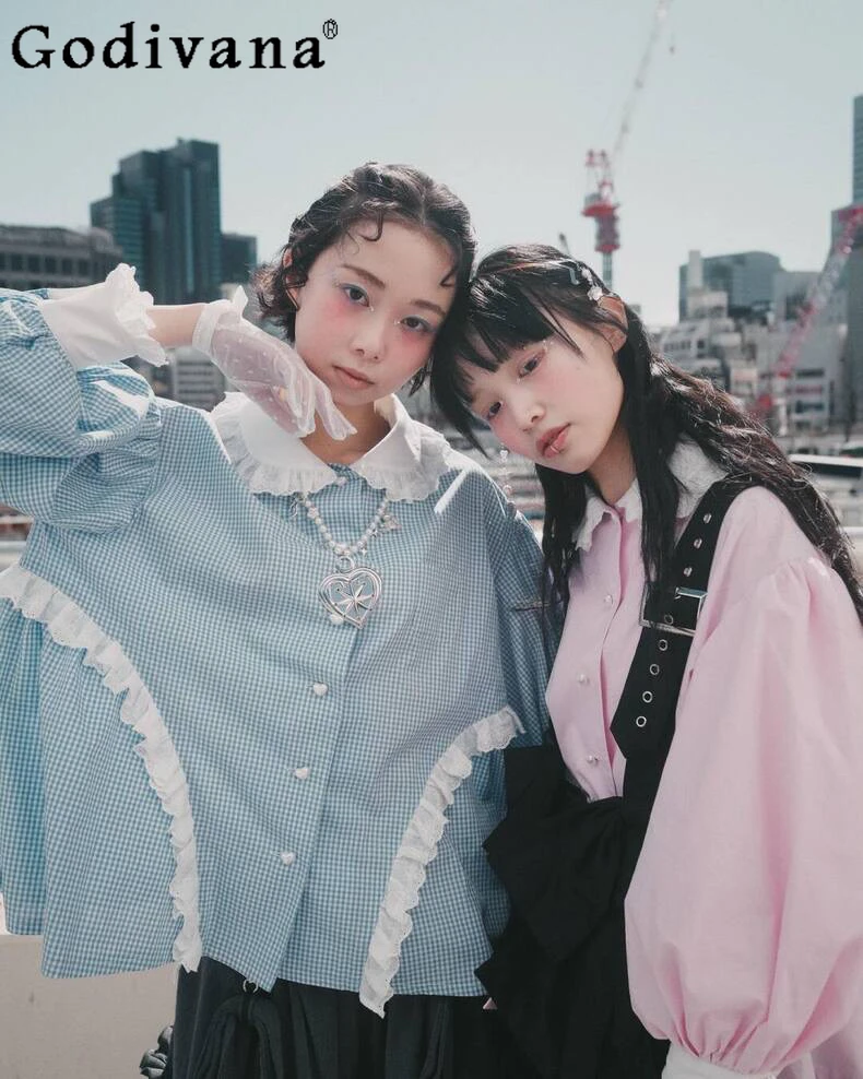 

Japanese Style Women's Casual Retro Basic Long-sleeved Plaid Shirt Spring and Autumn Loose Bubble Sleeve Love Buckle Elegant Top