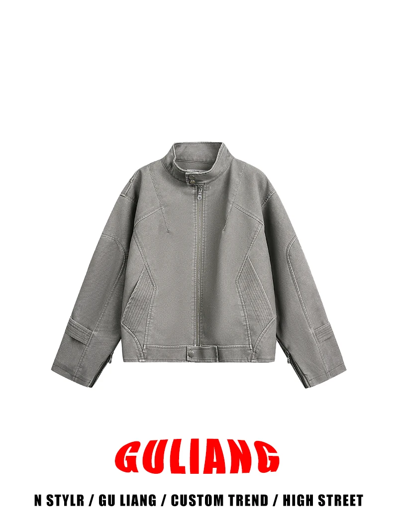 

Guliang American Retro Cleanfit Stand Collar ort Jaet PU Leather Men Women Deconstructed Design Couple Outerwear