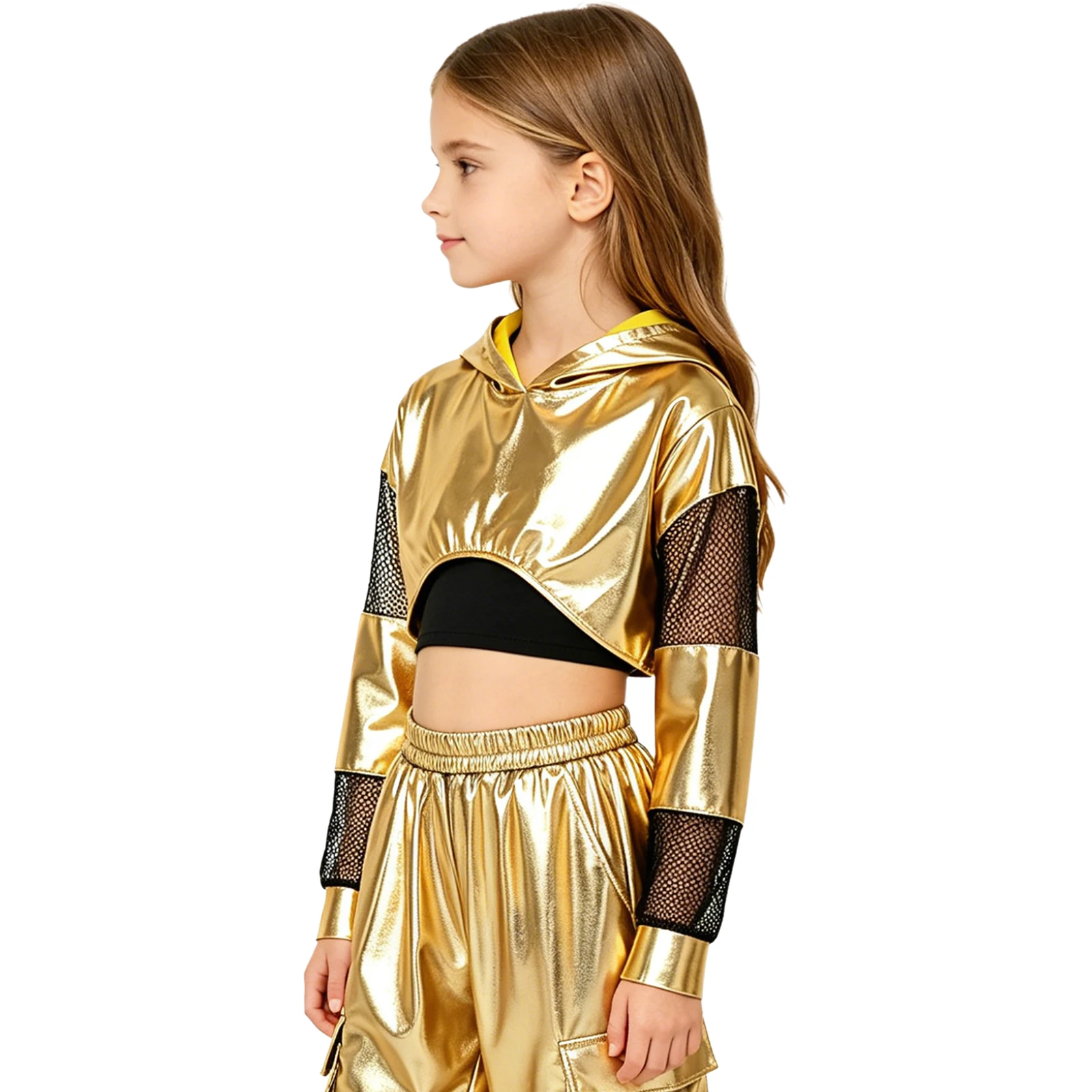 Kinder Mädchen Metallic Hoodie Hip-Hop Jazz Dance Performance Kostüm Mesh Patchwork Langarm Kapuzenpullover Crop Top Sweatshirt – Detail 11