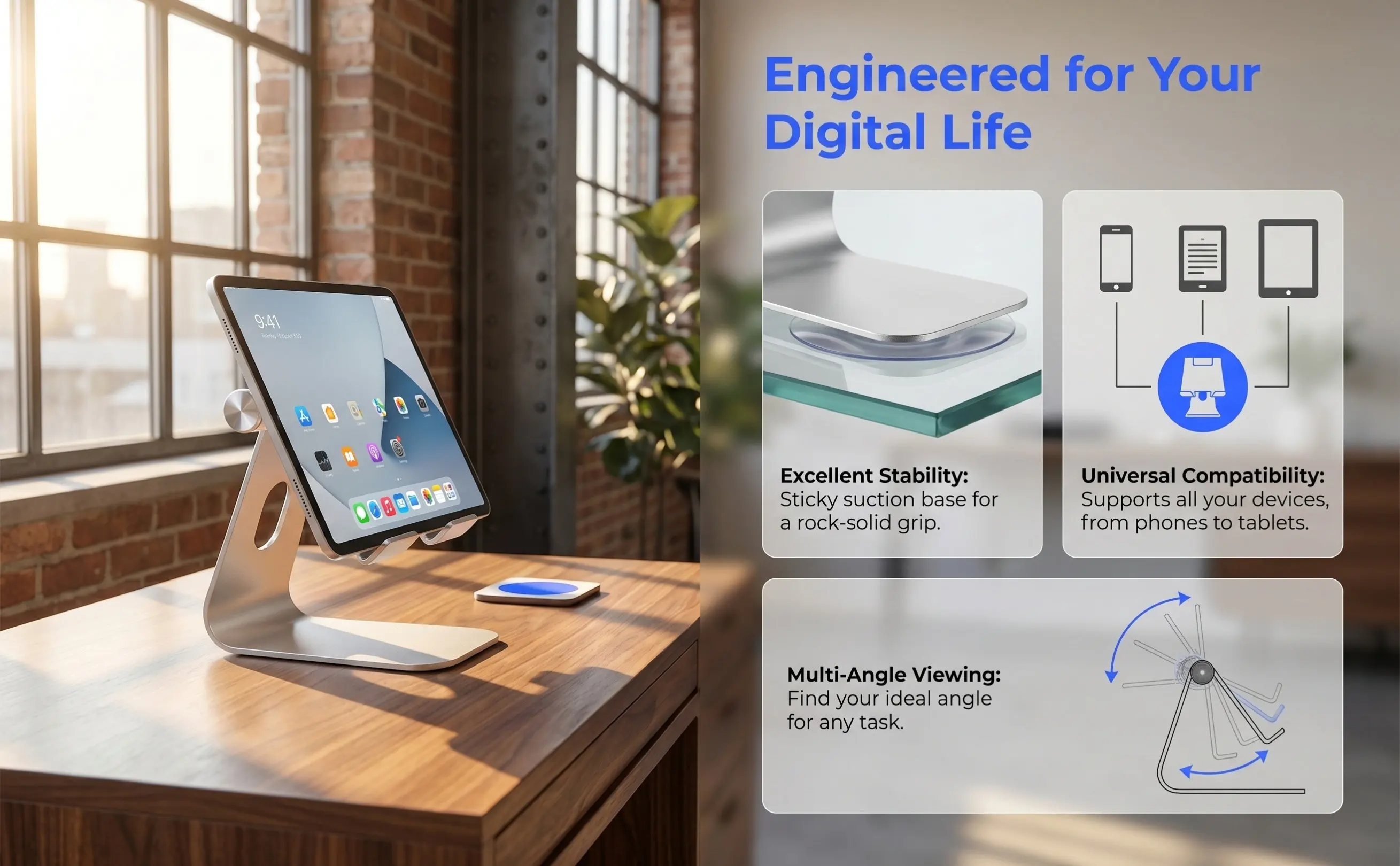 Heavy-Duty Aluminum Tablet Stand Desktop Multi-Angle Charging Holder with Washable Sticky Suction Base Fits Smartphones