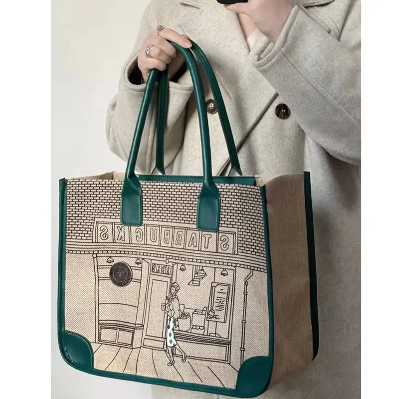 Versatile Women's Canvas Tote Bag: Single Shoulder, Underarm, or Beach Bag with Square Handbag and Splicing Design