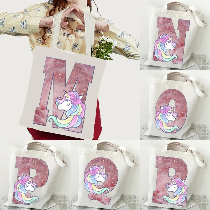 Cute Unicorn Dreams Alphabet Graphic Canvas Shopping Bag Women Cartoon Cute Unicorn Alphabet Canvas Shoulder Bag Women Tote Bags