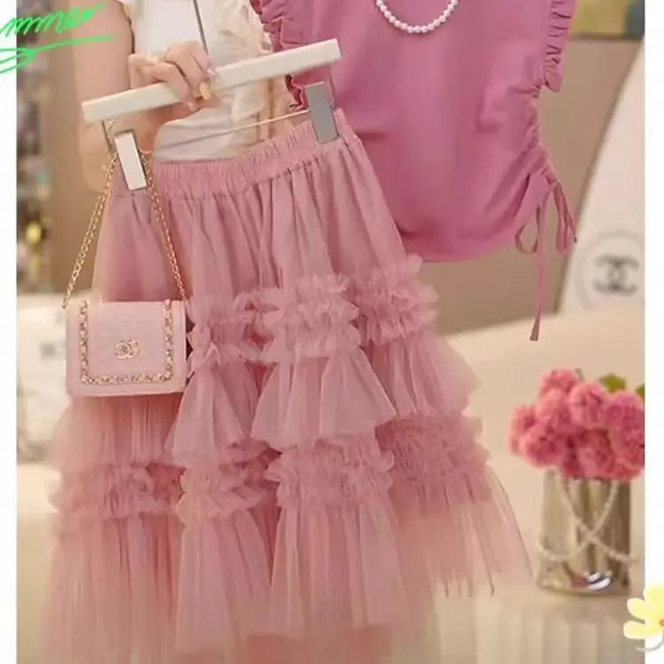 New Baby Girls Summer Sweet Pink Sets, T-shirt  +  Mesh SKirts   Princess Fashion Suits  4-12 T