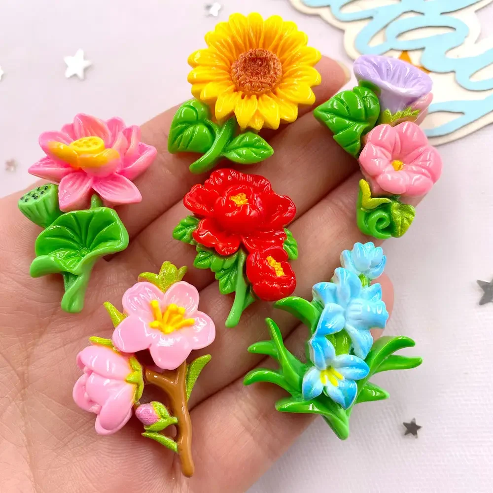 10PCS Resin Kawaii Colorful Painted Sunflower Lotus Morning Glory Flatback Flower Stone Figurines Scrapbook DIY Bow Decor Crafts