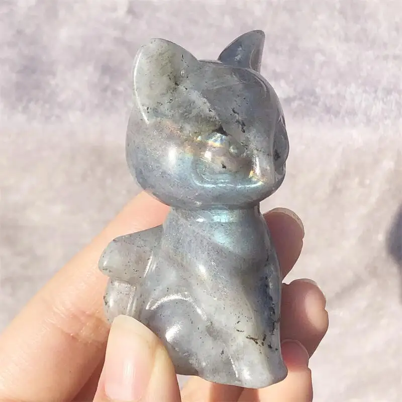 Natural Labradorite Cartoon Moon Cat Hand Made Carved Cute Animal Craft Home Decoration Ornament 1pcs
