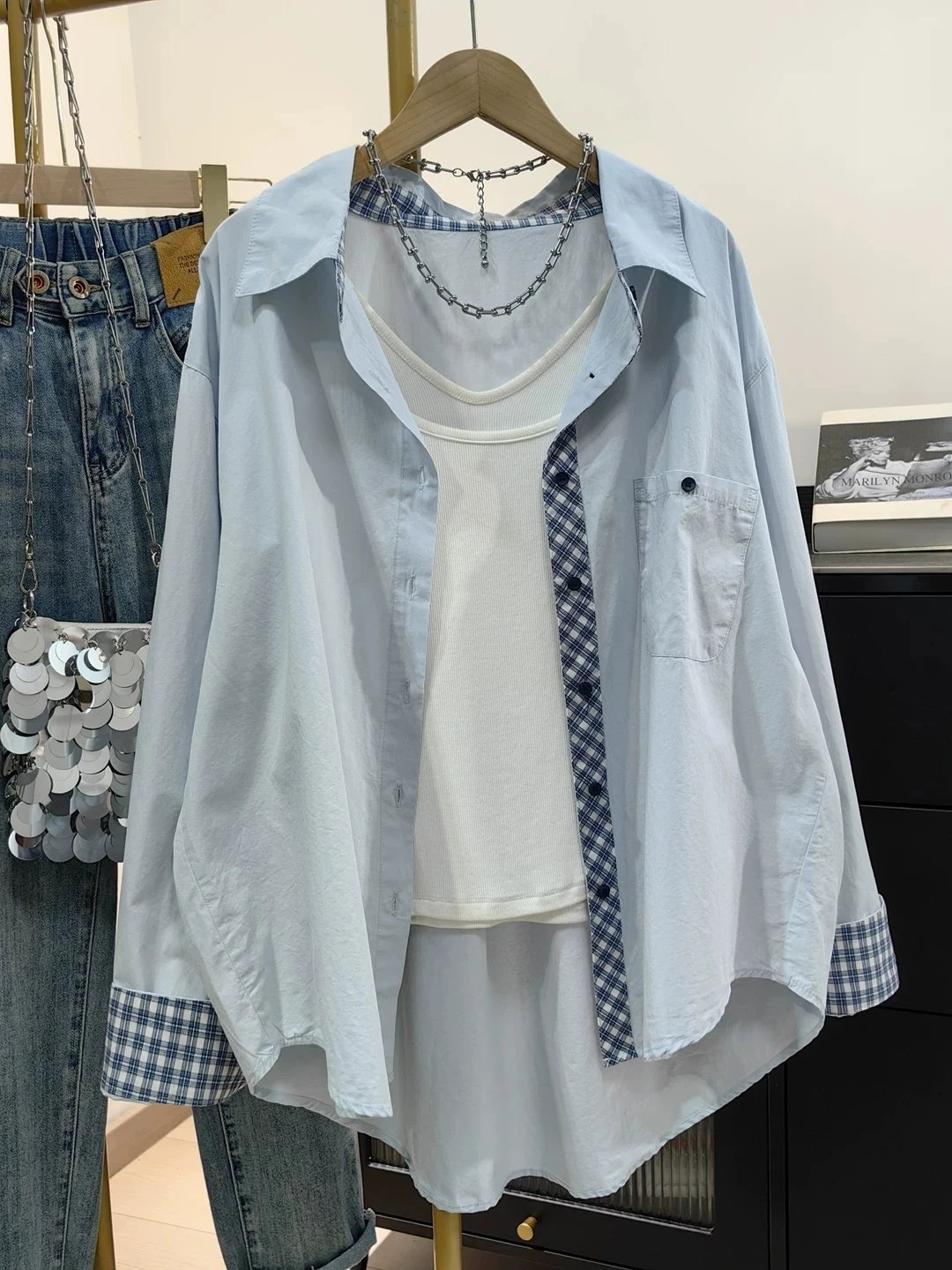 

Весенняя женская клетчатая рубашка с длинным рукавом, свободного кроя, повседневная, для уменьшения возрастной разницы, верхняя одежда