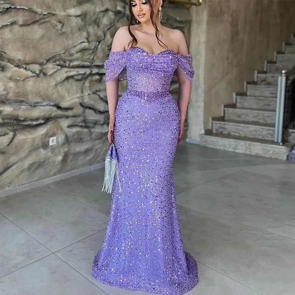 

Luxury Evening Dresses Purple Off the Shoulder Pearls Sweetheart Mermaid Evening Gowns Long Sleeveless Trumpet Women's Prom Gown