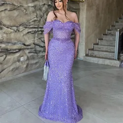 Luxury Evening Dresses Purple Off the Shoulder Pearls Sweetheart Mermaid Evening Gowns Long Sleeveless Trumpet Women's Prom Gown