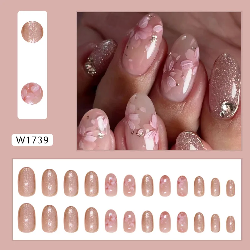 24pcs Shiny Pink False Nails with Flower Sweet Fairy Fake Nails Women Full Cover Wearable Short Oval Korean Press on Nails