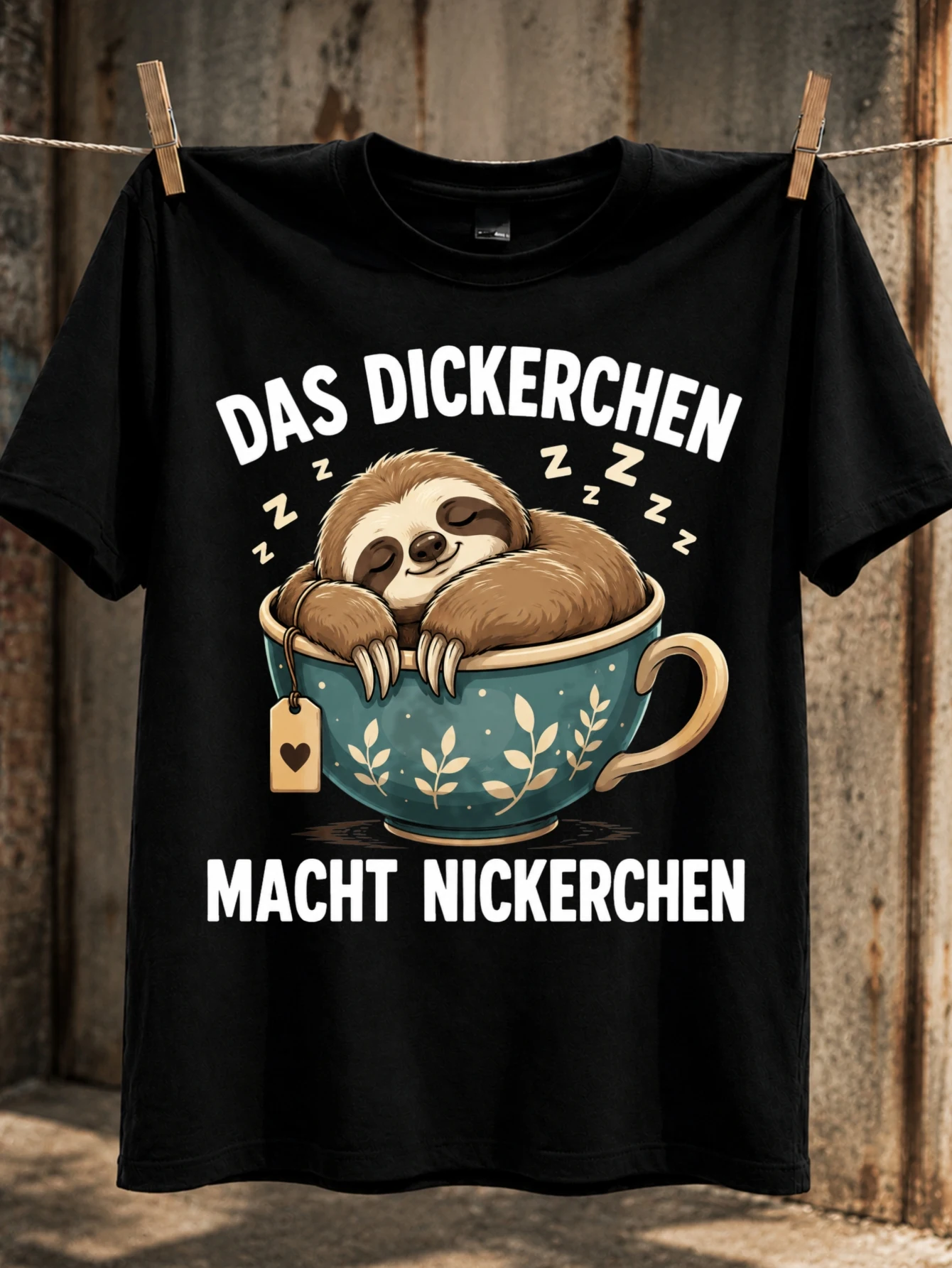 Das Dickerchen Macht Nickerchen Sloth Napping Inside Teacup Leaf Pattern Cup Cute German Spy Style  Unisex All T-Shirt