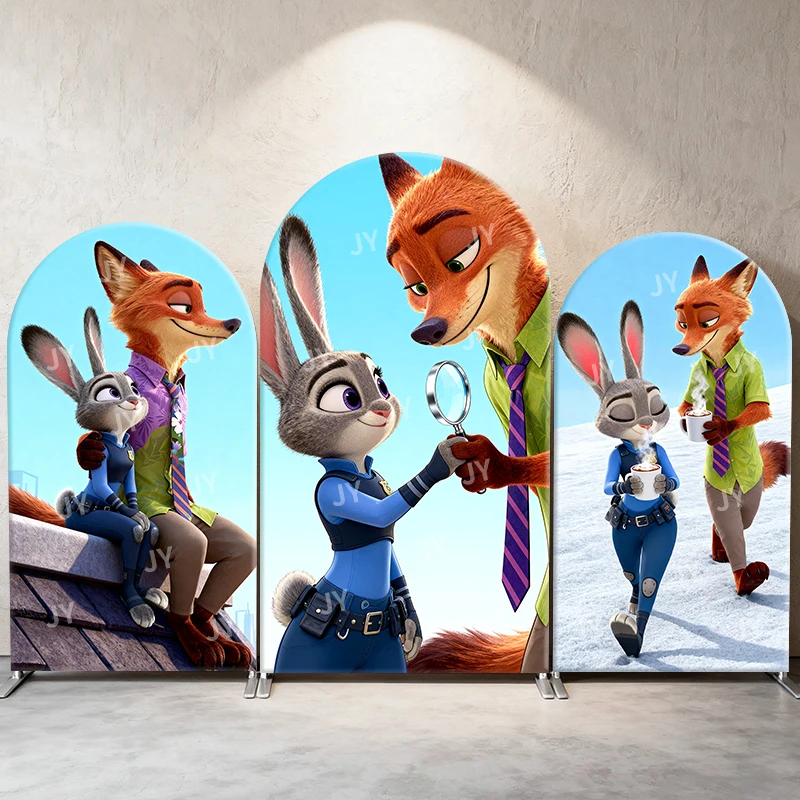 

Zootopia Judy & Nick Arch Backdrop Cover Adventure Winter Scene Cute Cartoon Decor for Birthday and Baby Shower Photo Booth