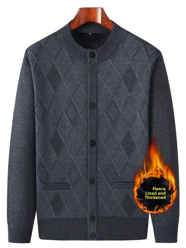 

Thiened Fce Lined V-Ne вязаный свитер для мужчин среднего возраста и ли, зимний повседневный длинный открытый кардиган све