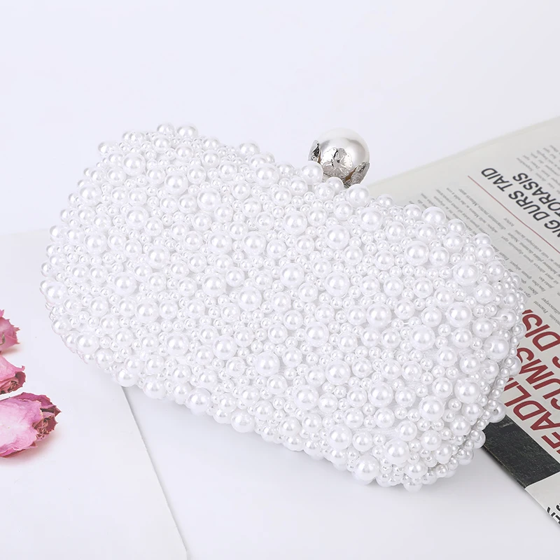 Fashion Elegant Women White Beige Luxury Special Crystals Beaded Pearl Evening Clutch Bags Wedding Party Handbag Beaded