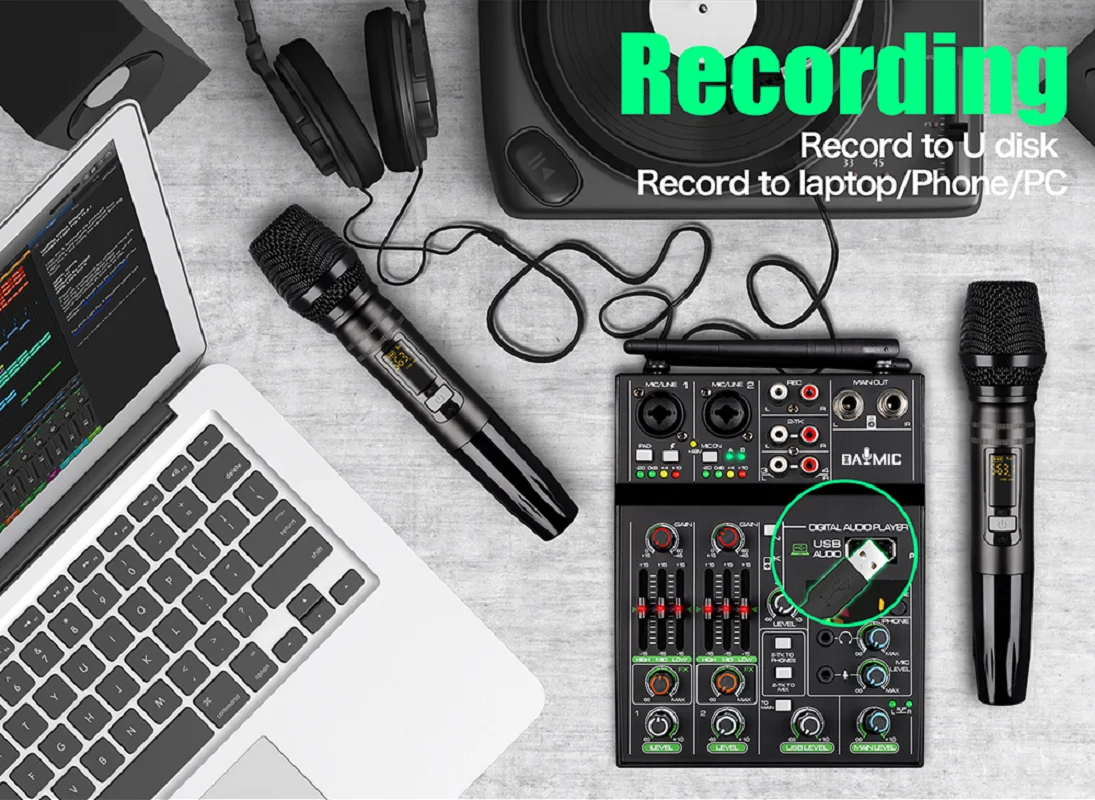

4 Channels Sound Recording Studio Audio Mixer with Wireless Microphone Set mixer Small 4 Channel Karaoke Soundcard Home Live