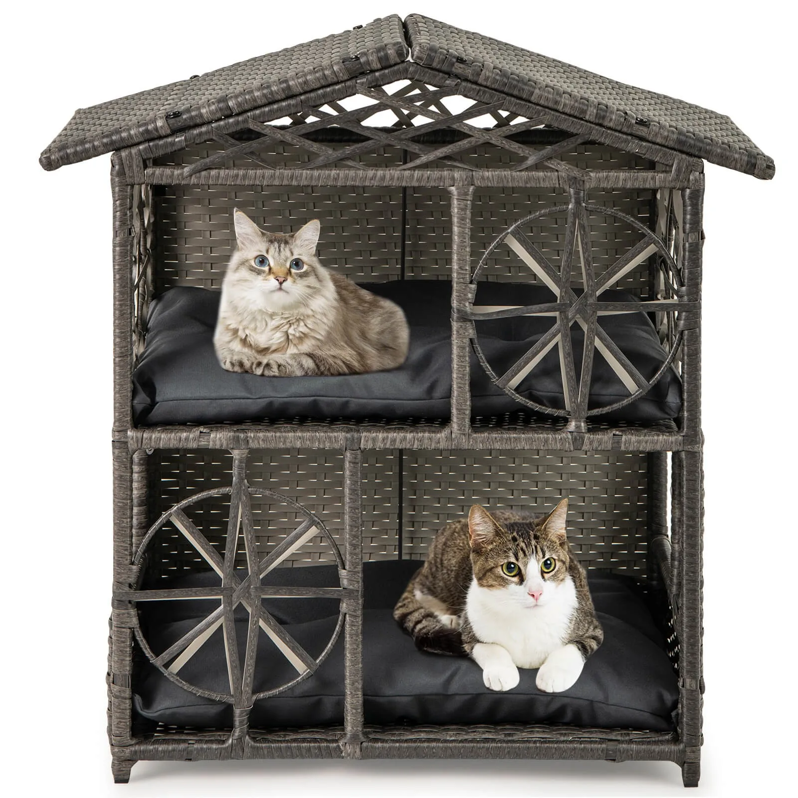 

Outdoor Rattan Cat House 2-Tier Wicker Windows Removable Cushions Large Entrance