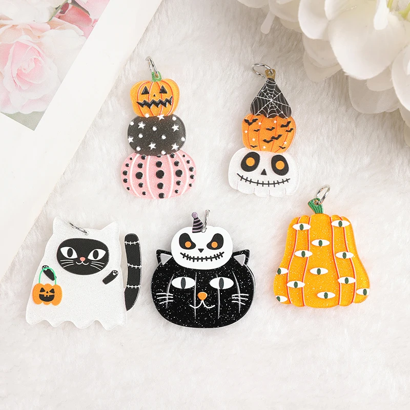 10pcs Halloween Charms Acrylic Skull Pumpkin Cat Pendant For Necklace Keychain Diy Making Accessories