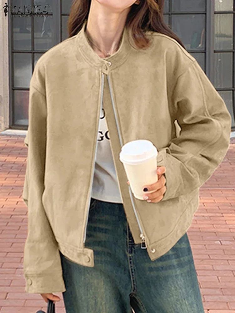 

ZANZEA 2025 Women Bomber Jacket Fashion Korean Solid Stand Collar Coats Holiday Long Sleeve Outwears Chic Zipper Pocket Tops