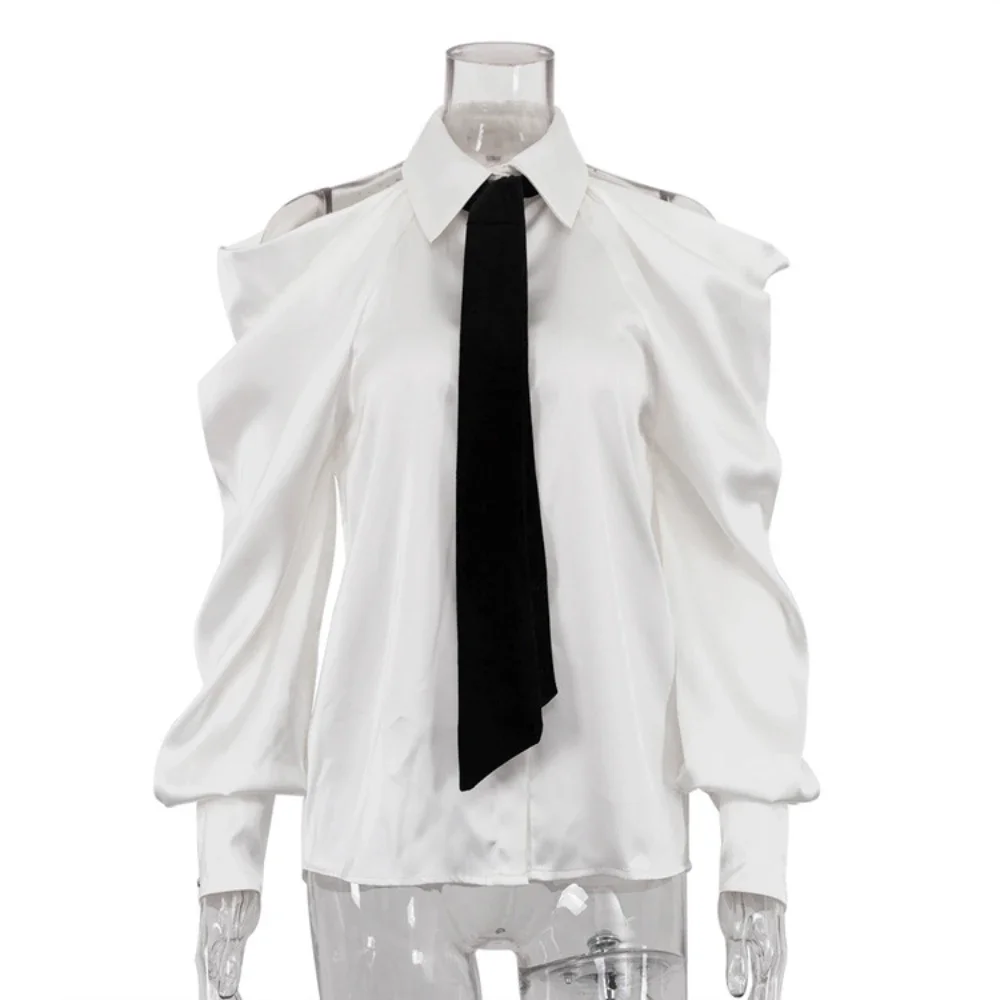 TWOTWINSTYLE Solid Loose Spliced Hollow Out Blouse for Women Lapel Long Sleeve Patchwork Single Breasted Top Female Clothing New
