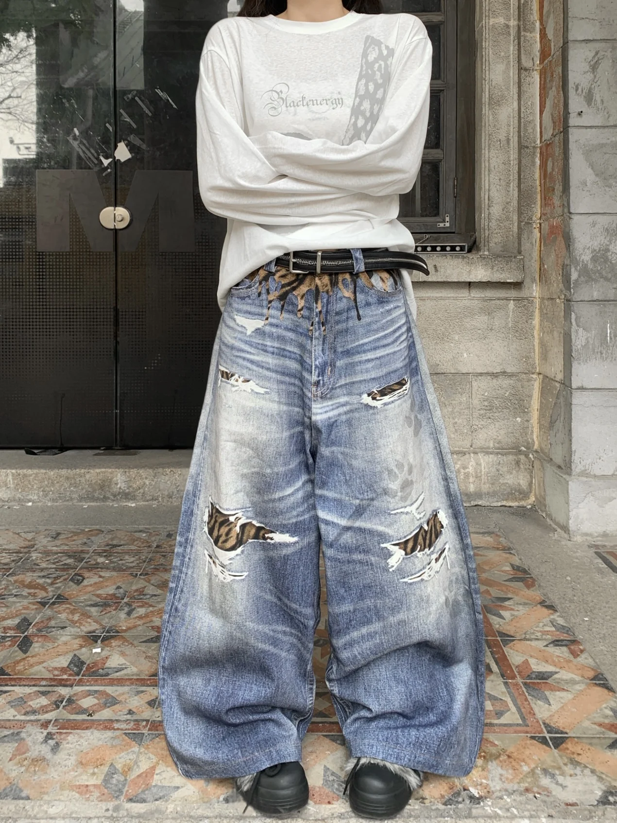 Calças Jeans Retro com Estampa de Leopardo, Largas e Soltas, Comprimento até o Chão para Homens e Mulheres, Jeans de Algodão ...