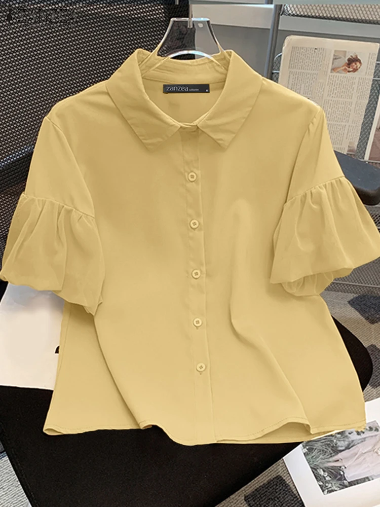 ZANZEA Frauen Laterne Hülse Kragen Shirts Chic 2025, Sommer Button Up Street Fashion Tops Einfarbig Elegante Chemise Femme