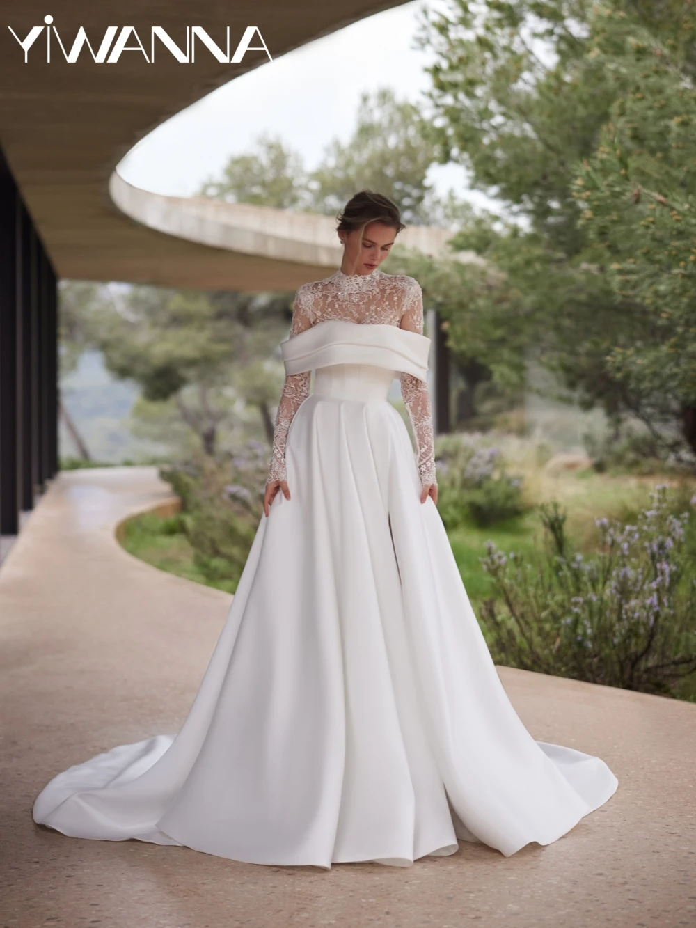 

2026 New Two Pieces A-line Satin Long Wedding Dress Glitter Beaded Lace High Collar Bridal Gown Customized Dresses For Bride