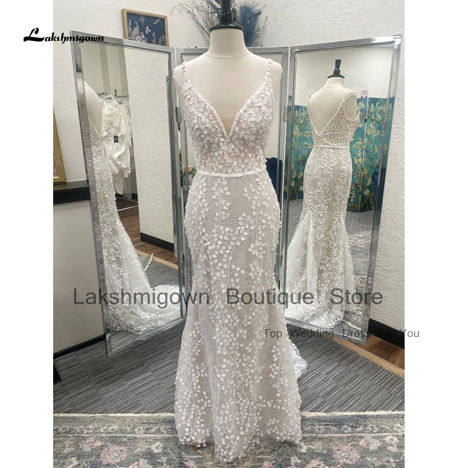 

Lakshmigown Floral Lace Boho Mermaid Wedding Gowns Open Back 2025 Vestidos Sexy Deep V Neck Beach Bridal Gowns Custom Made