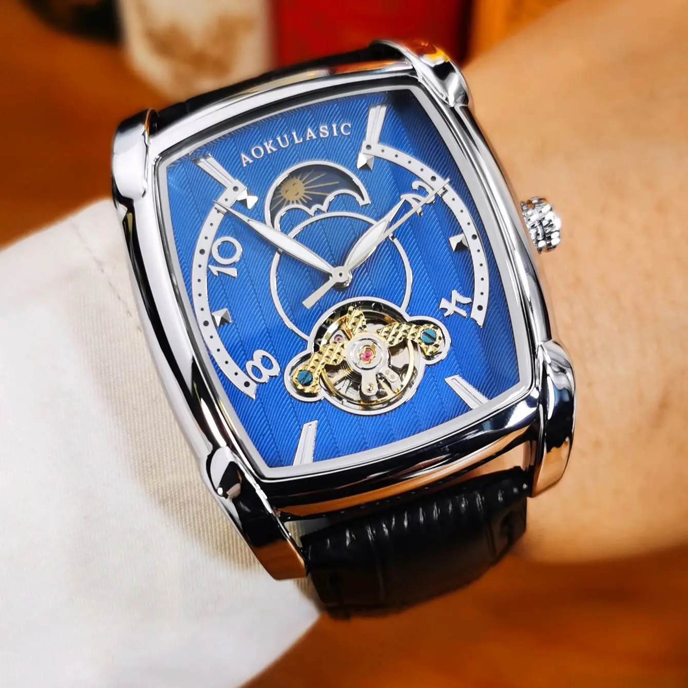 AOKULASIC Fashion Skeleton Mechanical Watches Tonneau Moon Phase Tourbillon Automatic Watch for Men Leather Strap Luminous Hands