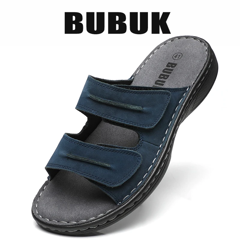 Bubuk Men's Genuine Leather Sports Slippers, Open-Toe Outdoor Non-Slip Sandals, Fashionable Top Layer Cowhide Casual Men's Shoes, with Arch Support, Adjustable Upper, Suitable for Summer Hiking, Travel, and Work Wear view 2